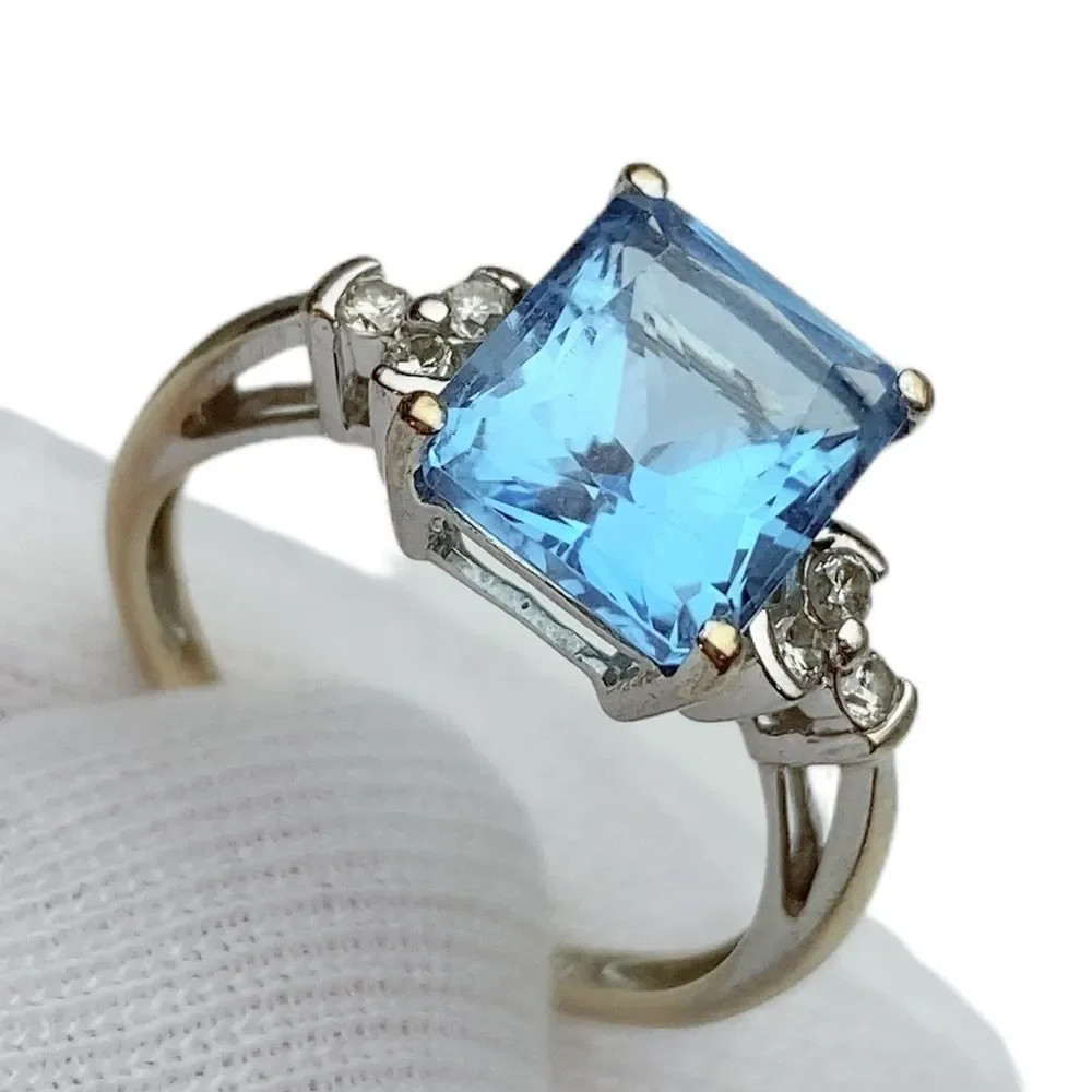 10k 10KT Karat Fine Solid White Gold Blue Topaz & Diamond Ring Women’s 6.5
